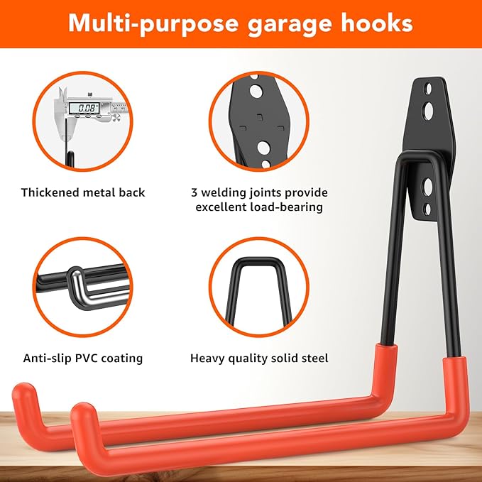 32-Pack Heavy Duty Wall Mount Garage Hooks | Hanging Storage For Ladders, Hoses, Bikes, Garden Tools, Ropes; For Yard, Warehouse, Workshop, Shed, Shop