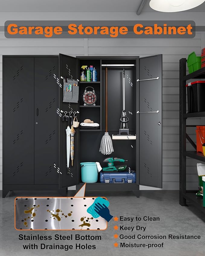 75" Metal Storage Cabinet with Lockable Doors, Functional Garage Storage Cabinets, Heavy-Duty Tool Organization Cabinet with Hanging Rod & S-Hooks (75" Utility Closet)
