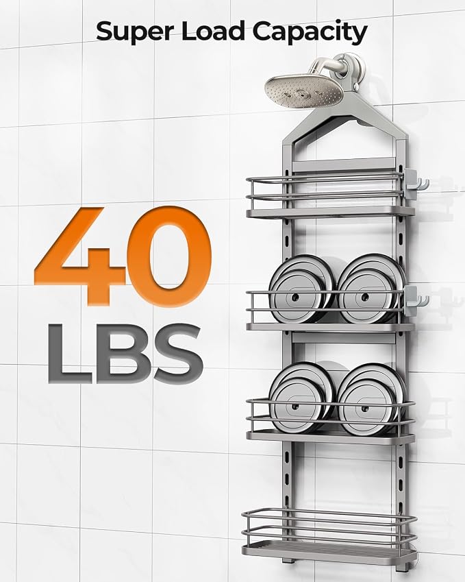 ODesign 4 Tier Adjustable Hanging Shower Caddy Over Showerhead Grey | Shower organizer hanging,no drilling required,comes with removable hook and storage box, suitable for indoor showers