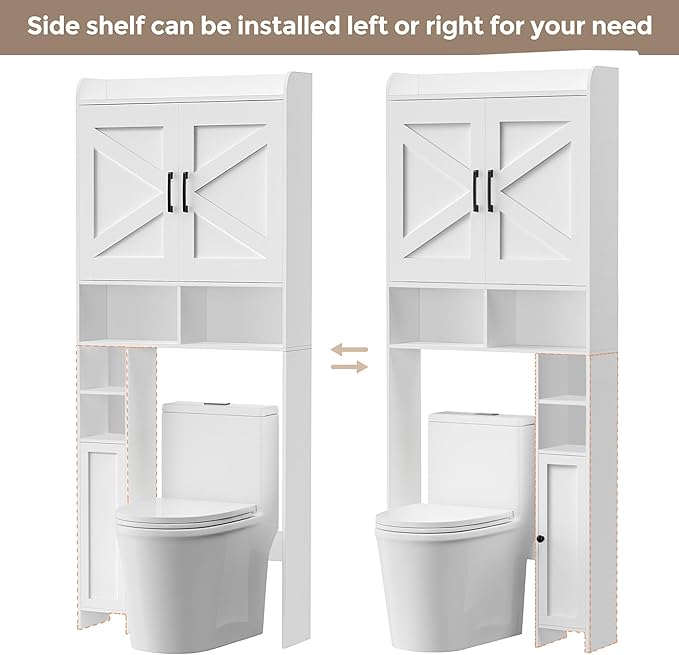 Homhedy Wooden Over The Toilet Storage Cabinet with Barn Door | Freestanding Bathroom Storage, Toilet Paper Holder, Adjustable Shelf,Space-Saving, Farmhouse Style, White