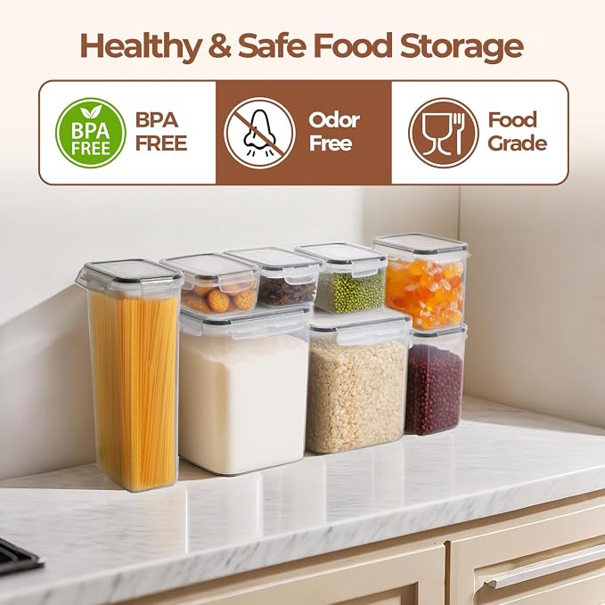 ComSaf Airtight Food Storage Containers with Lids 7size 11Pack, Stackable | Plastic Canister, Flour Sugar Cereal Pasta Rice Oats Coffee Snacks Dry Food, Pantry Kitchen, Label & Scoop, BPA-free, Clear