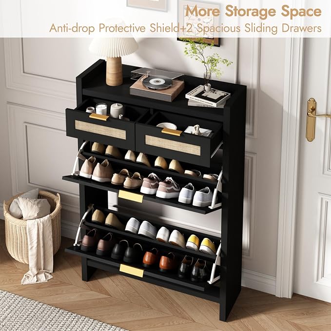 HOKYHOKY Rattan Shoe Storage Cabinet with 2 Drawers & 2 Flip Drawers | Hidden Slim Shoe Organizer, Farmhouse Boho Narrow Shoe Rack, Large Tabletop Space, Entryway, Rustic Black