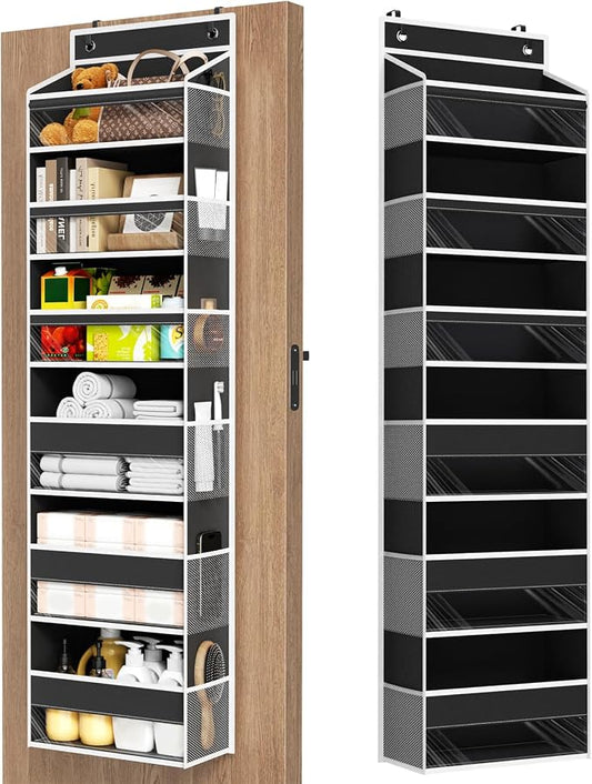 Over The Door Organizer 6 Tiers, Behind The Door Storage Hanging Shelves | Heavy Duty Hanging Organizer Storage with Large Capacity Pockets for Closet Wall Bathroom Bedroom Nursery Pantry, 1 Black