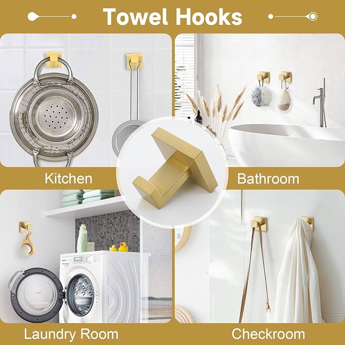 10-Piece Bathroom Hardware Accessories Set-Brushed Gold Towel Bar, Holder & Racks-SUS304 Stainless Steel-Wall Mounted,23.6-Inch
