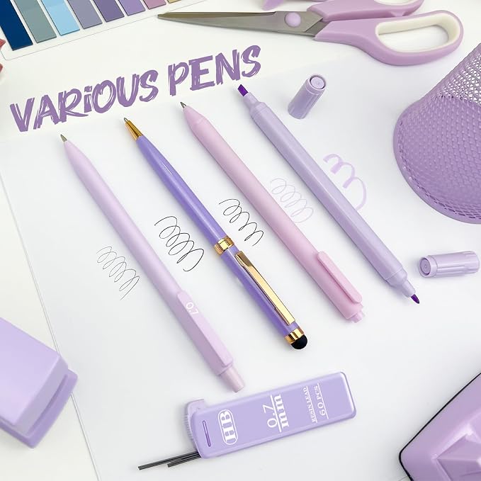Purple Desk Accessories, 17Pcs Purple Office Supplies Set with Stapler, Mesh Desk Organizer, Tape Dispenser, Staple Remover, Pen Holder, Clips, Pens, Ruler, for Office Home School Women Students Gift