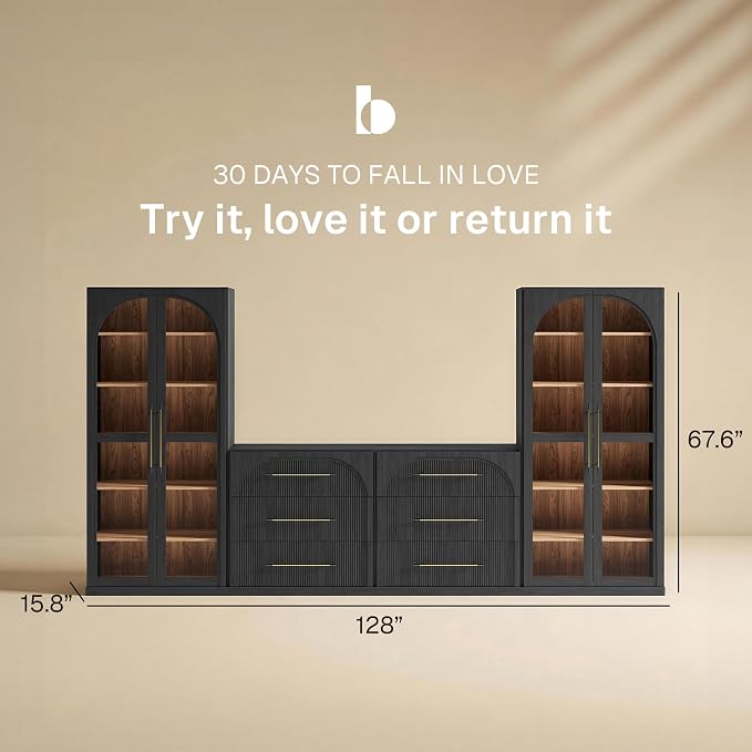 BELLEZE 4-Piece Modular TV Stand Set - 2 Sideboards with Drawers and 2 Tall Storage Cabinets, Classic Modern Media Console Entertainment Center with Adjustable Shelves for Living Room, Ebony