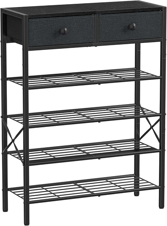 5 Tier Shoe Rack with 2 Drawers, 16-20 Pairs Black Grey | Holds 16-20 pairs. 2 drawers for socks/keys. Removable layer for boots. Anti-tip kit included. Quick assembly.