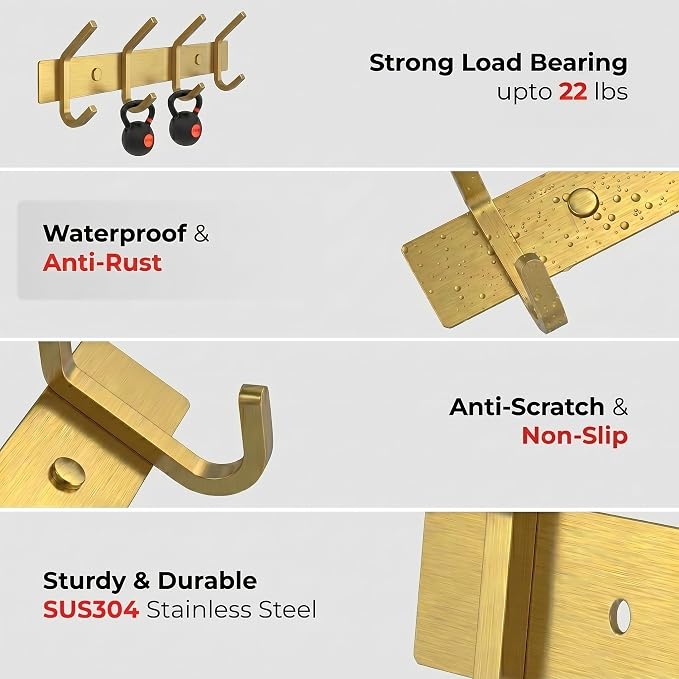 Brushed Gold Wall Mounted Coat Rack – 12 Inch Stainless Steel Rail with 4 Double Coat Hooks for Entryway, Bathroom, Bedroom, Kitchen – Modern Gold Hook Rack for Coats, Hats, Towels