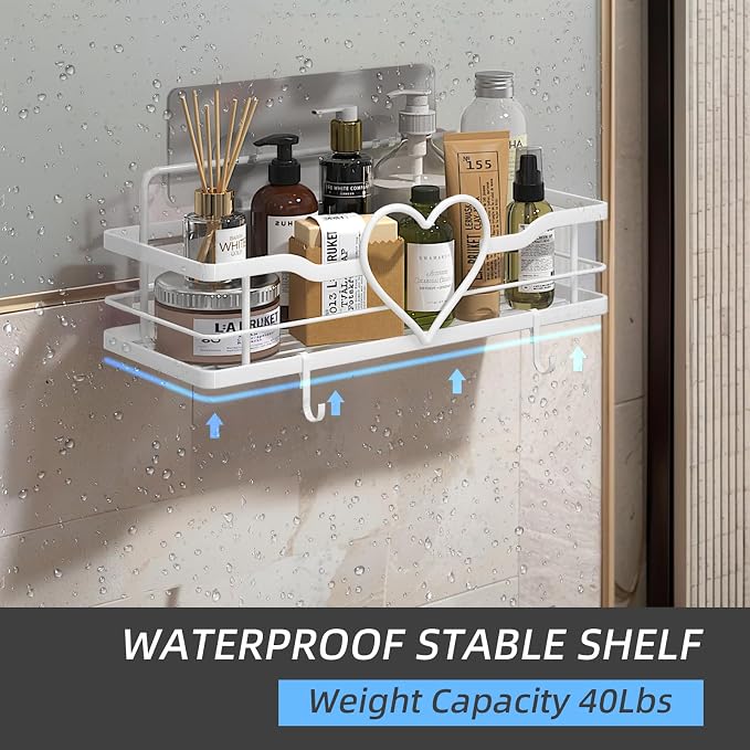 White Heart Shower Caddy,No Drilling Adhesive Shelves,2 Pack | Shower Shelf with 4 Removable Hooks,Holds 40 lbs,Rustproof Metal,For bathroom,kitchen,dorm,Cute Shower Organizer