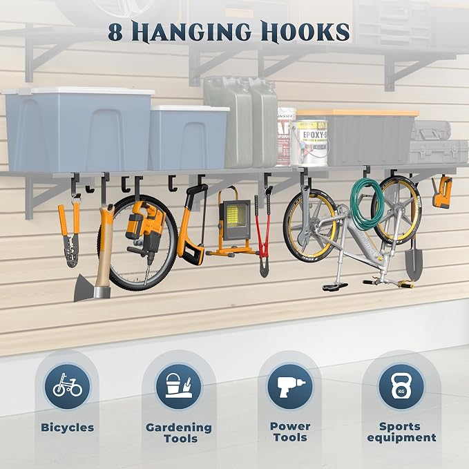 Jusgym 2 Pack Wall Mounted Garage Shelving with 8 Hooks, 1.5x4ft, 500lbs | Heavy Duty Garage Wall Shelving, 7-Bar Square Tube, Metal Floating Shelves, Industrial Storage Rack for Bins, Tools, Bikes