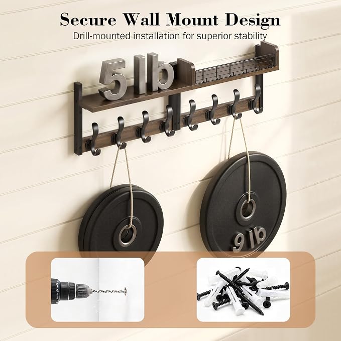 Delamu 32" Coat Rack with Shelf, 4 in 1 Coat Hanger Wall Mount with Shelf, Wooden Entryway Wall Organizer with Hooks, Brown