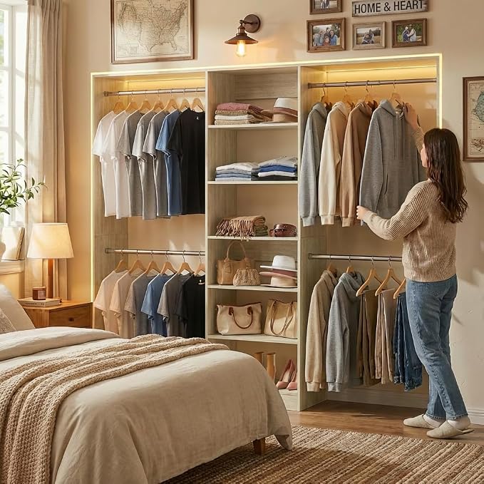Closet System, 4.5-11.5 Ft Expandable Closet Organizer, Light Oak | 5 Hanging Rods, Walk-in Wood Closet Organizer System with Storage Tower, Heavy Duty Garment Rack Wardrobe for Bedroom