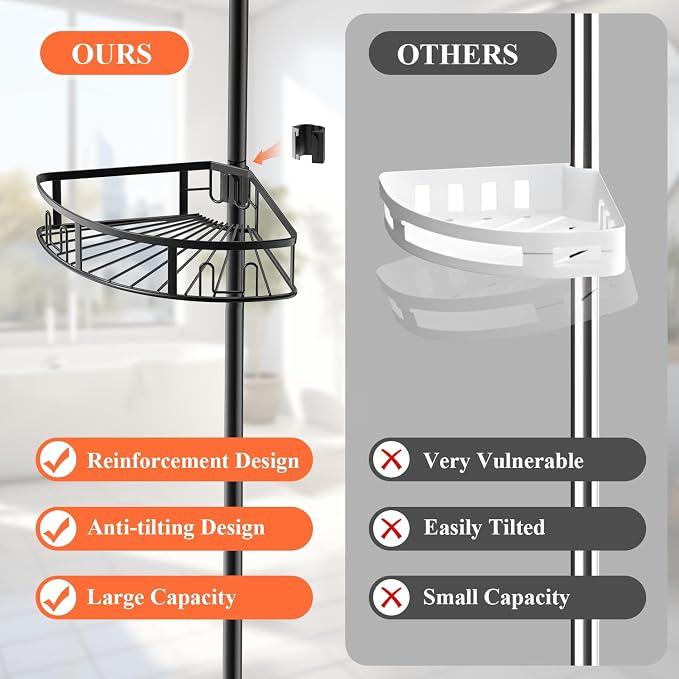 4-Tier Rustproof Corner Shower Caddy with Tension Pole, 42-115 Inch Adjustable Height Shower Organizer, Shower Shelves with Hooks, Freestanding Bathroom Organizer - Black