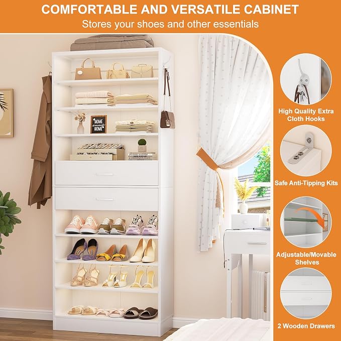 Aheaplus Tall Shoe Cabinet, 10 Tiers Wood Shoe Rack, Vertical Shoe Storage Organizer with 2 Drawers, Narrow Shoe Shelf Tower for 24-28 Pairs, Space Saving, for Closet, Entryway, Bedroom, White