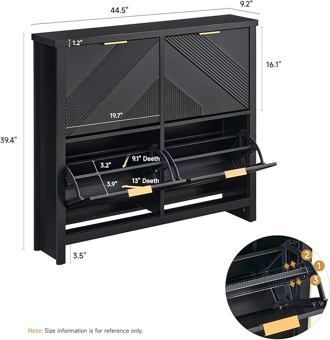 Shoe Cabinet with 4 Flip Drawers & Symmetric Groove Pattern for Entryway | 44.5''W x 9.2''D x 39.4'' Black Fit for 16-24 Pairs of Shoes Slim Narrow Hidden Shoe Storage Cabinet for Hallway Living Room