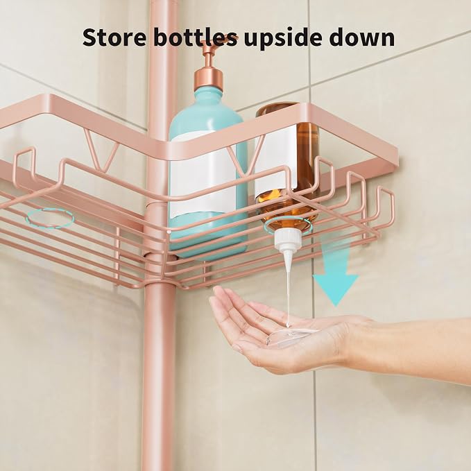 KEGII Corner Shower Caddy Tension Pole, Bathroom Organizer, Blush Nude | 28 Hooks, Soap Holder and Razor Rack for Family Bathrooms, 4-Tier Storage with Rustproof Steel, Fits 25-114.2 inch Heights