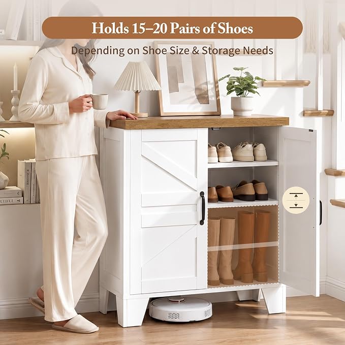 Heybly Modern Farmhouse Shoe Cabinet with Doors, Entryway Storage HSC001WWB | Adjustable Shelves, Hidden Shoe Storage, Versatile Entryway Cabinet Furniture with Thick Top, Reinforced Legs, Walnut-White