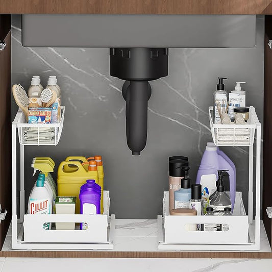 Ceetug Slide Out Under Sink Organizers and Storage, White, 2 Pack | 2 Tier, Sturdy Metal, Cabinet Organizer, for Kitchen Bathroom