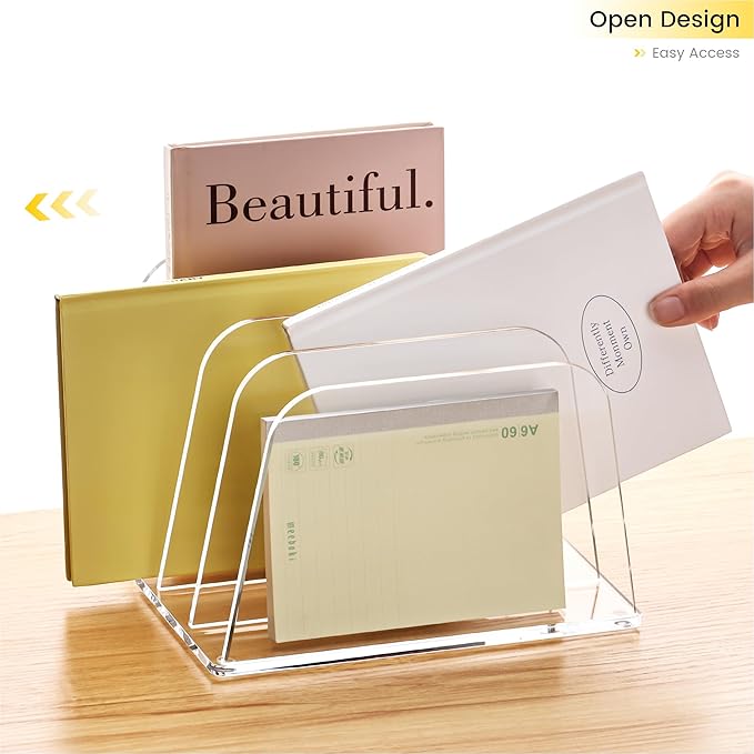 HeZone Desk File Organizer,4-Section Vertical Clear File Organizer File Holder Folder Holder Mail Sorter Acrylic Stand Rack,Office Organization for Home, Office & Classroom(1 Pack)