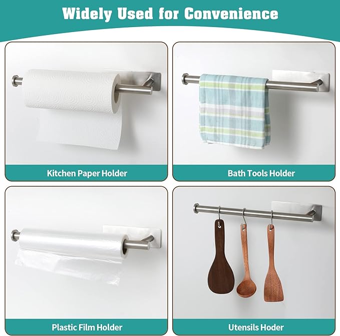 theaoo Under Cabinet Paper Towel Holder for Kitchen, Wall Mount, Silver | Adhesive Paper Towel Roll Rack for Bathroom or Kitchen, SUS304 Stainless Steel, Self-Adhesive or Screw Installation