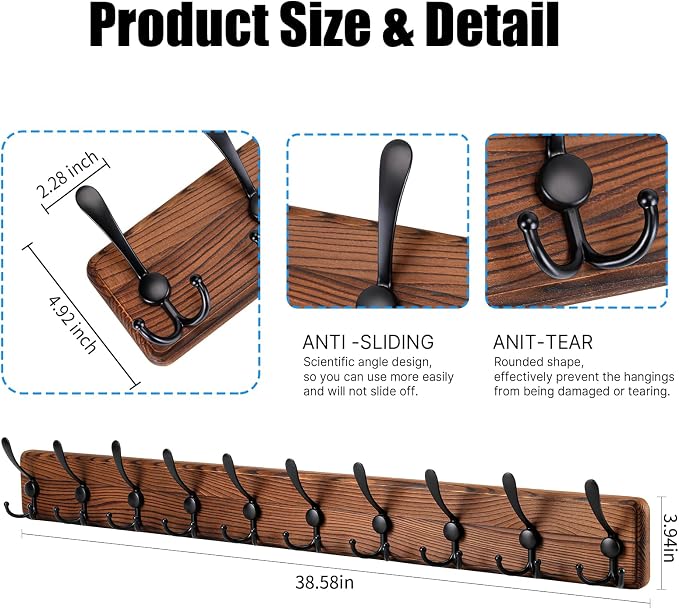 Gohiuo Rustic 38.6" Large Coat Rack Wall Mount, Long Wood Coat Hooks with 10 Triple Hooks, Heavy Duty Wooden Coat Hanger Wall Mount for Entryway, Farmhouse Hanging Jackets, Coats, Hats, Bags,Towel