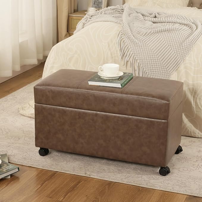 32" Leather Storage Ottoman Bench with Wheel, Rectangle Foot Rest Stool for Living Room, Bedroom, Entryway,Earthy Light Brown Veining