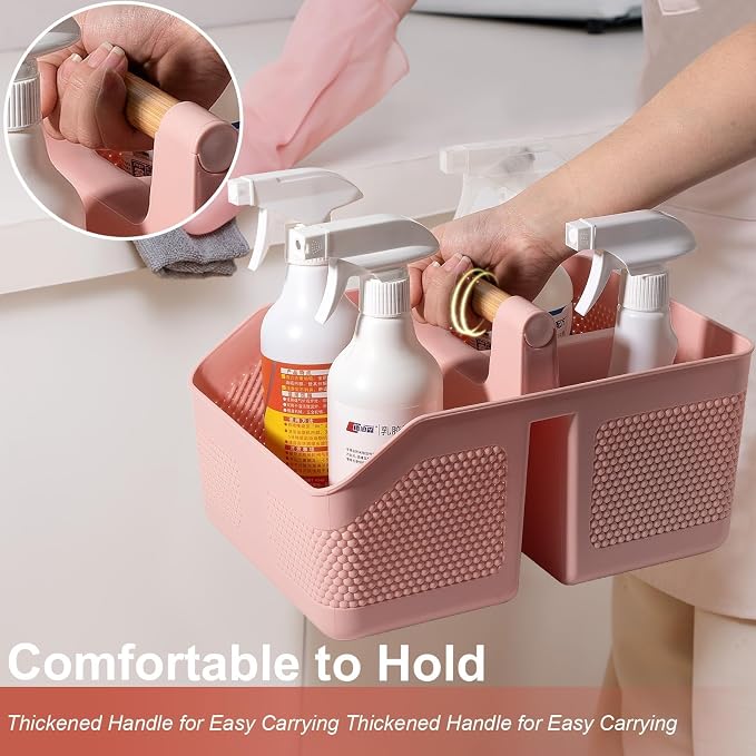 Plastic Shower Caddy Portable Shower Basket with Bamboo Handle, Pink | Cleaning Caddy Organizer Storage Tote for Bathroom, College Dorm Essentials, Bath Toy Storage