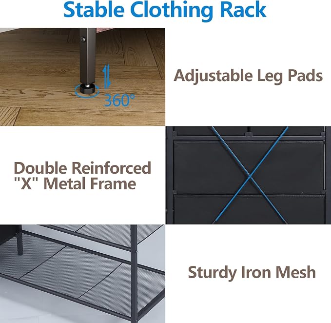 Freestanding Clothes Rack with 5 Drawers & 4 Storage Shelves,2 Hanging Rods | 59.1" W*70.9" H Heavy Duty Clothing Rack, Wardrobe Closet Organizer System with 5 Hooks, Garment Rack (Rustic)