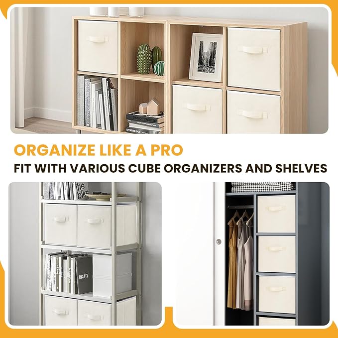 Criusia Large Storage Cubes, 13 Inch Cube Storage Bins for Shelves Closet Nursery Bedroom - 10 Pack Collapsible Storage Baskets with Handles - Fabric Bins for Organizing Magazines Clothes Toys (Beige)