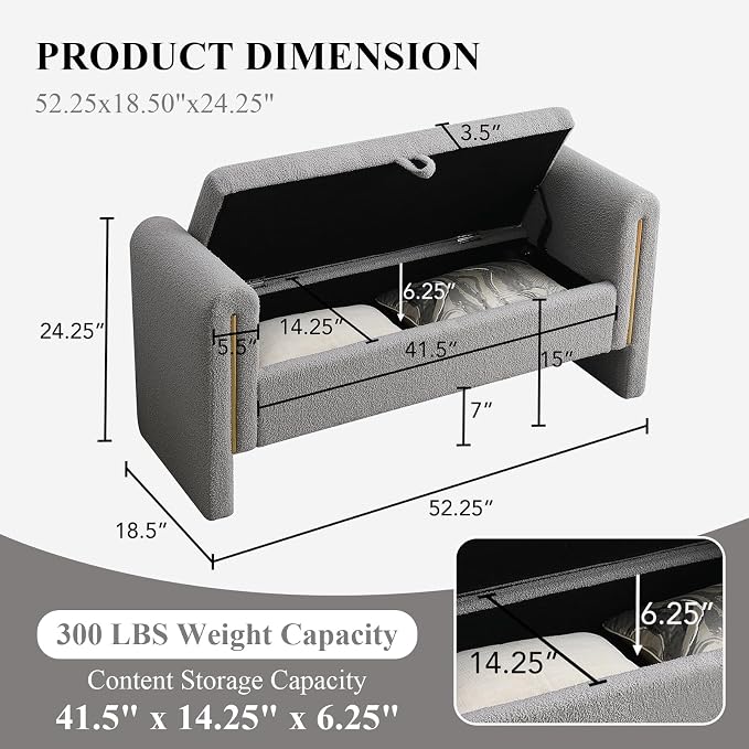 Storage Ottoman Bench, End of Bed Bench with Pull-Ring | 52" Teddy Upholstered, Window Bench with Armrest, Generous Storage, Safety Hinge, Holds 300 LBS, for Bedroom, Grey