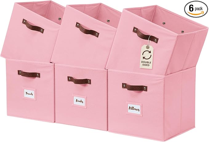 DECOMOMO Storage Bins, Cube Storage Bin with Labels | 10.5" x 11" Fabric Storage Cubes for Shelves (6pcs, Pink)