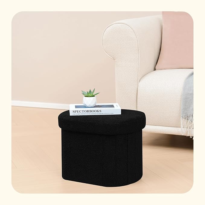 PINPLUS Storage Ottoman Boulce Tufted Oval Small Ottomans Bench Foot Rest with Storage 16.1"x12.2"x12.2" (Black)