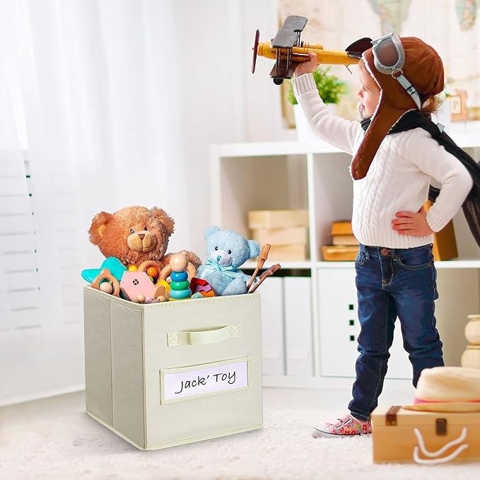 13x13x13 storage cube bins (Set of 10) Fabric storage cubes with 10 Labels Window Cards & a Pen, storage cubes 13x13, Collapsible 13 inch cube storage bins, Cubby Organizer Boxes, Beige