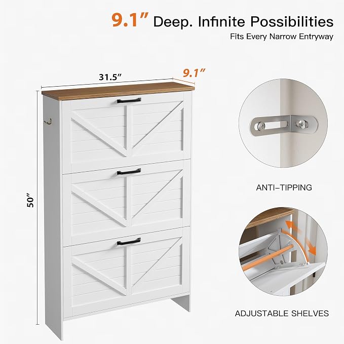 Shoe Cabinet for Entryway, 3 Flip Drawers Shoe Storage Cabinet with 3-Tier Adjustable Shelves, Ultra Slim 9.1" Depth Holds Up to 30 Pairs, Freestanding Hidden Shoe Organizer with Barn Door Design