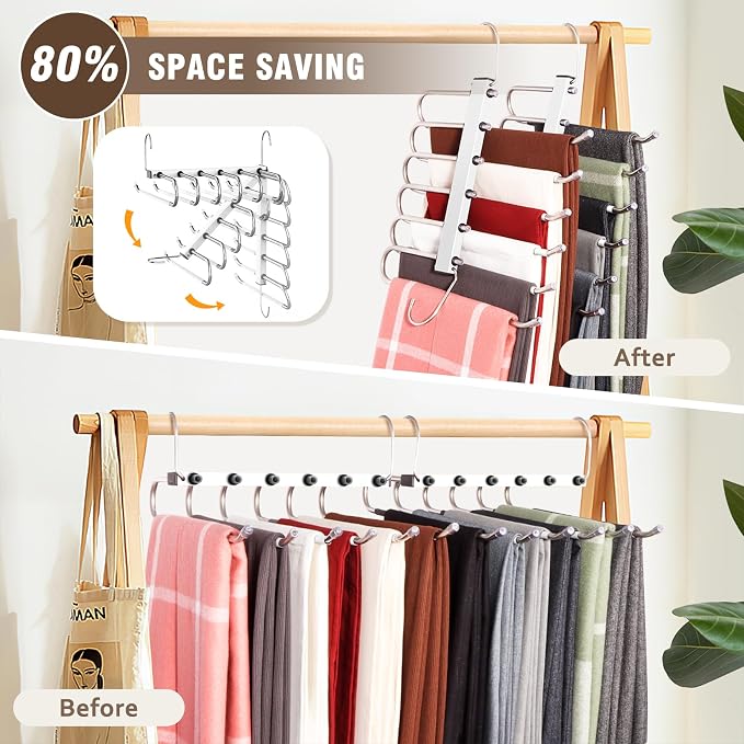 HUITEM Space Saving 6 Tier Pant Hangers, Anti-Slip, Lightweight, Stainless Steel, 2 Pack, White