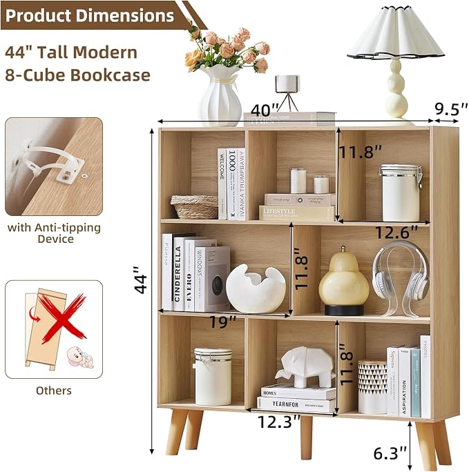 LEYAOYAO 8 Cube Bookshelf,Mid-Century Modern Bookcase with Legs,Light Wood | 3 Tier Book Shelf,Rustic Wood Bookshelves Freestanding Large Storage Organizer, Open Shelves for Bedroom, Living Room, Office