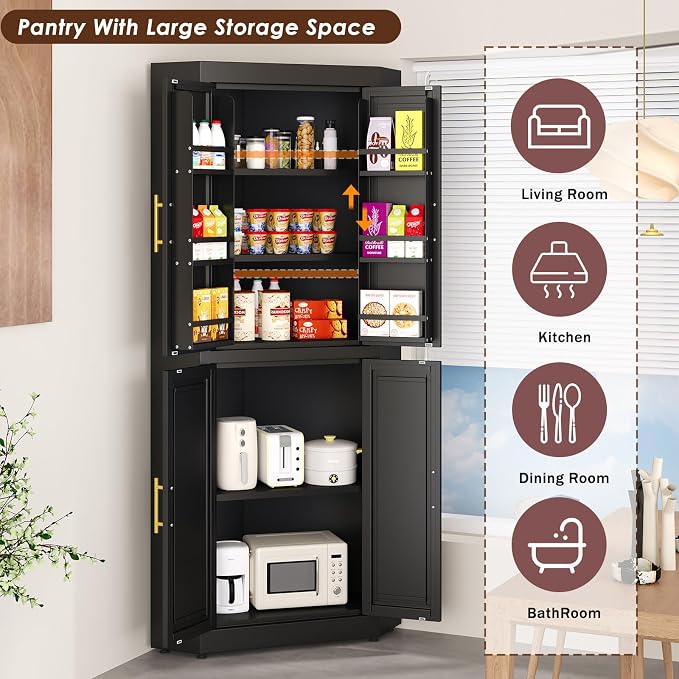 Farmhouse Corner Cabinet, 63" Tall Corner Storage Cabinet with 4 Doors & 3 Adjustable Shelves, Free Standing Storage Cabinet for Living Room, Kitchen, Bathroom, Black