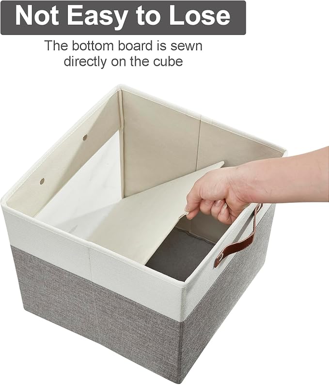 Storage Cubes, 4 Pack Linen Foldable Storage Bins with Clear Window and 2 Handles, 13x15x13 Storage Cube Bins for Shelf Closet, Kallax, Clothes, Books - (Gray / Off-White)