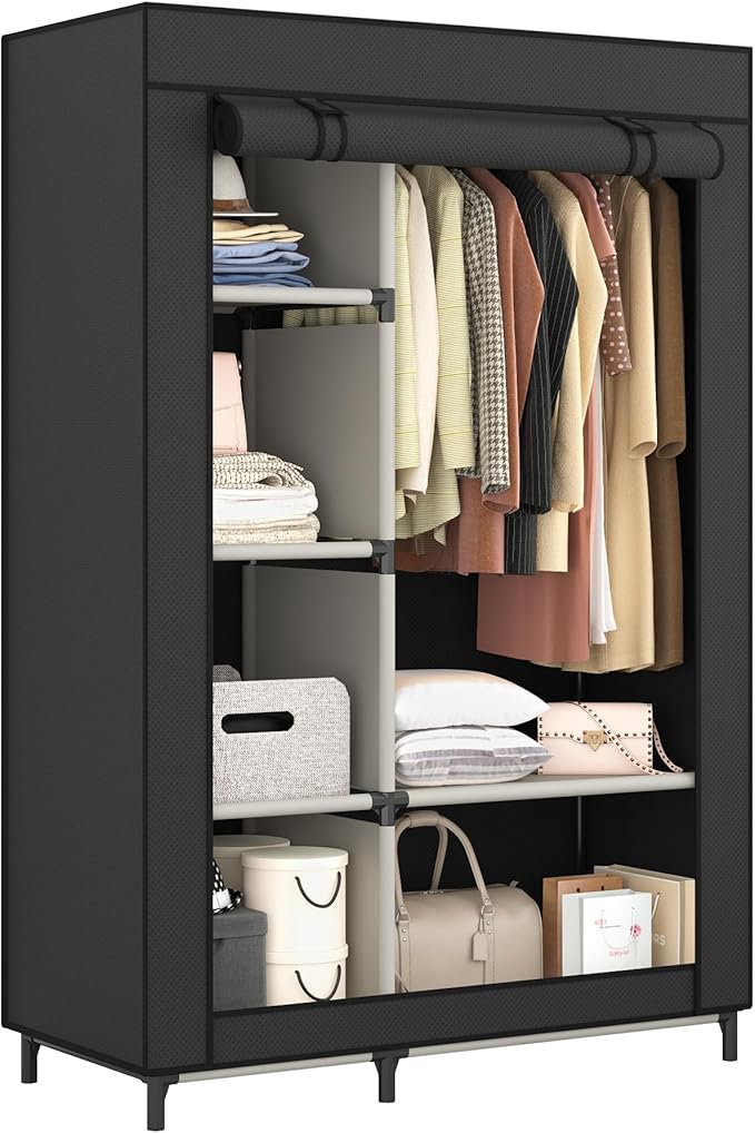 Calmootey Portable Closet Organizer, Space-Saving Storage System for Home | Sturdy Rod for Coats, 6 Shelves for Folded Clothes, 4 Side Pockets for Small Items, Non-Woven Dustproof Cover, Black