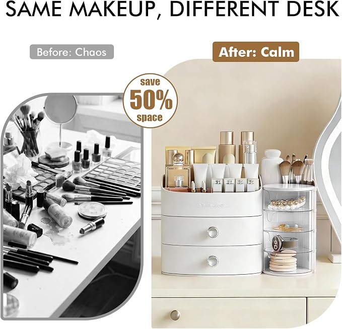 Makeup Organizer Countertop with Drawers, Make up Organizers for Vanity | Skincare Jewelry Earring Organizers, Cosmetic Display Cases Makeup Storage for Bathroom|Dresser, Ideal Gifts for Women(White)