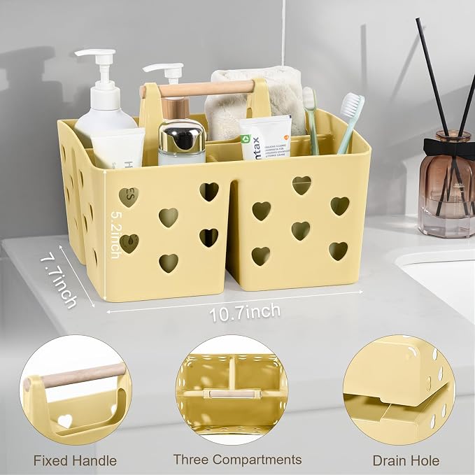 Portable Shower Caddy Plastic Shower Basket Organizer with Handle, Yellow | Divided Bathroom Caddy Storage Cleanning Caddy Tote for College, Dorm Room, Kitchen