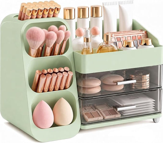 Makeup Organizer with Drawers,Large Capacity Countertop Organizer for Vanity,Bathroom and Bedroom Desk Cosmetics Organizers,Easy To Storage Skincare,Brushes,Lotions (Green)