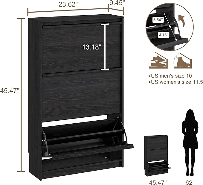 Shoe Cabinet with 3 Flip Drawers, 23.62" W Narrow Shoe Storage Cabinet for Entryway, Slim Shoe Organizer with Adjustable Shelves, Freestanding Shoe Rack for Hallway, Living Room, Black