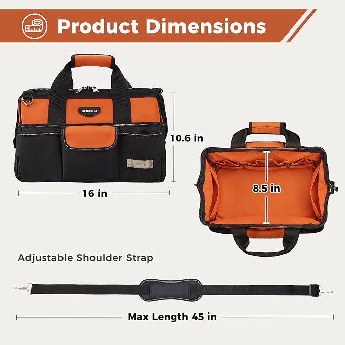 16-Inch Heavy Duty Tool Bag, 22 Pockets Empty Tool Box Organizer Storage, Soft Tote Toolbox Organization Portable Handle Carrying Work Toolbag for Electrician Mechanic, Dad Men Gifts, Orange