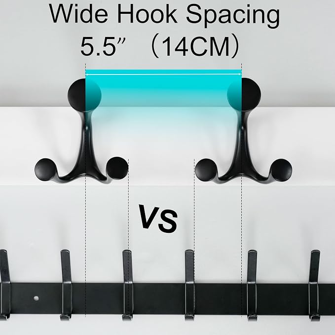 WEBI Coat Rack Wall Mount,43" Solid Wood Coat Hooks Wall Mounted Coat Hanger,16" Hole to Hole,Heavy Duty Hook Rack Rail,8 Triple Hooks for Hanging Coats,Jacket,Clothes,Hat,Backpack,White,2 Packs