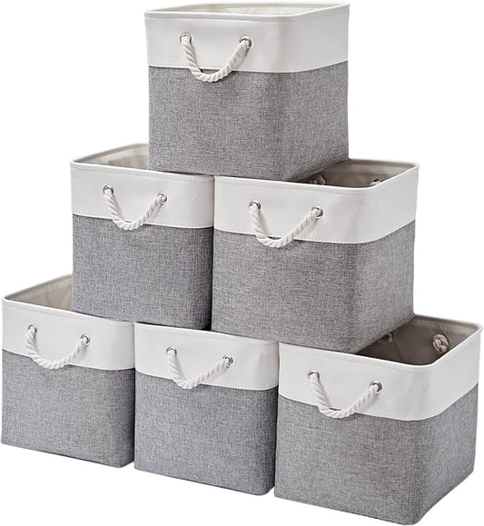 13 Inch 6 Pack Foldable Fabric Storage Basket with Handles | Home Cube Storage Basket,Large Cube Storage Bins,Closet Storage, Home Organizer(White&Gray)