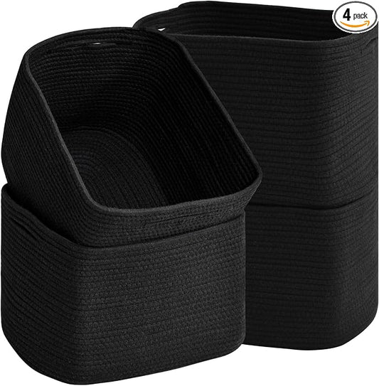 ICERZCZ Woven Cotton Rope Storage Baskets for Organizing & Shelves, Organization Bins for Dog Toys, Clothes, Books, Nursery Organizer, 15"x11"x9", Black (4 Packs)