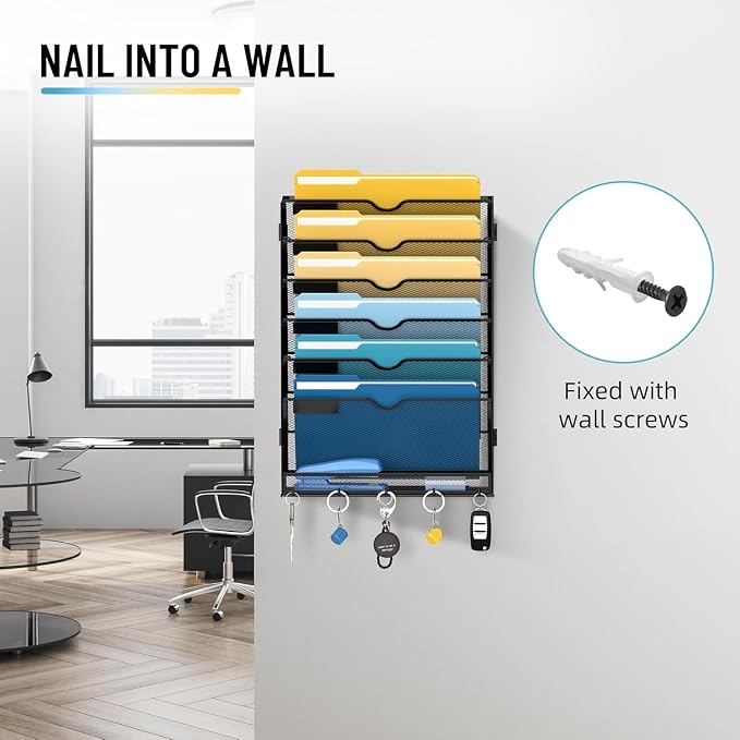 SUPEASY 7-Tier Hanging Wall File Organizer with Hooks, 2 Pack | Mesh Wall File Holder, Mail Organizer Wall Mounted for Papers, Documents, Folders and Magazines in Home Office, Classroom