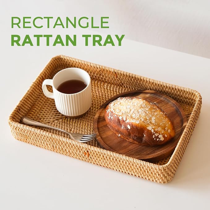 Rattan Serving Tray, Rectangle Wicker Storage Basket for Organizing | M(14.6" × 9.1"), Natural Rattan, Decorative Woven Trays Wicker Baskets for Storage, Home Decor, Bathroom, Kitchen Counter