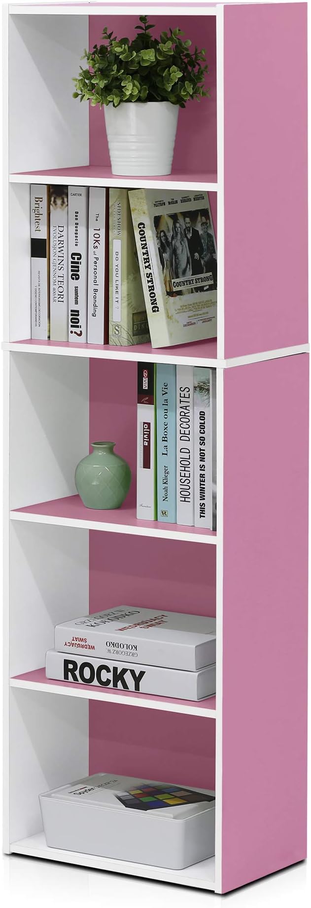 Furinno LUDER Book Shelf, 5-Tier Bookshelf, Bookcase with Open Shelves, 9.4 x 15.8 x 52, Easy Assembly, for Living Room, Bedroom, Home Office, White/Pink